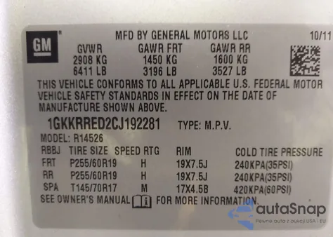 2012 GMC Acadia Slt-1 z USA, uszkodzony, nr VIN 1GKKRRED2CJ192281
